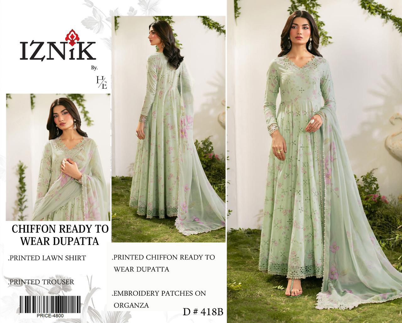 Lawn 3pc with Organza Patches & Cutwork Dupata