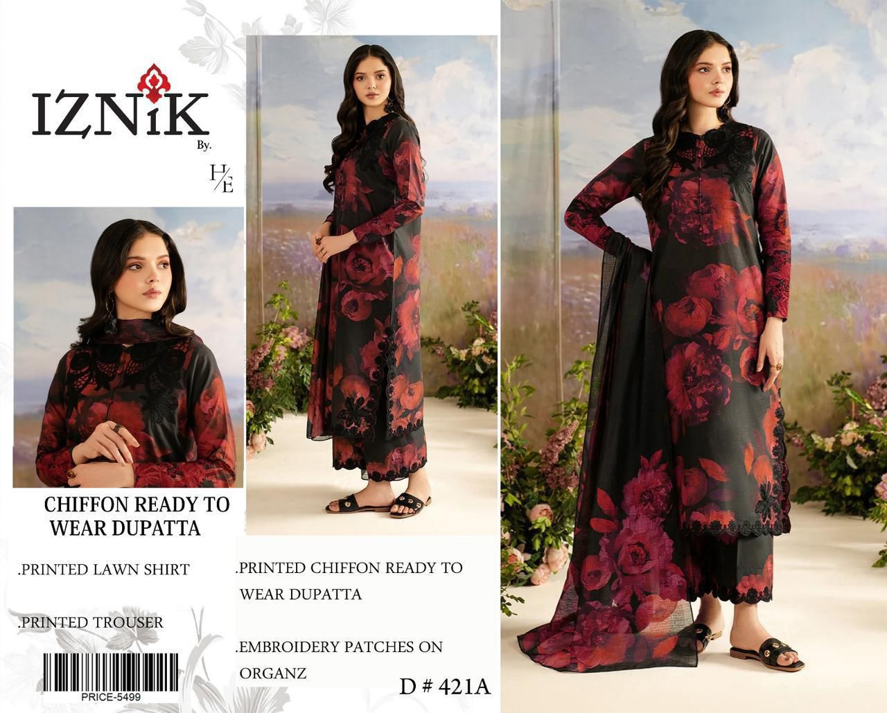 Lawn 3pc with Organza Patches & Cutwork Dupatta