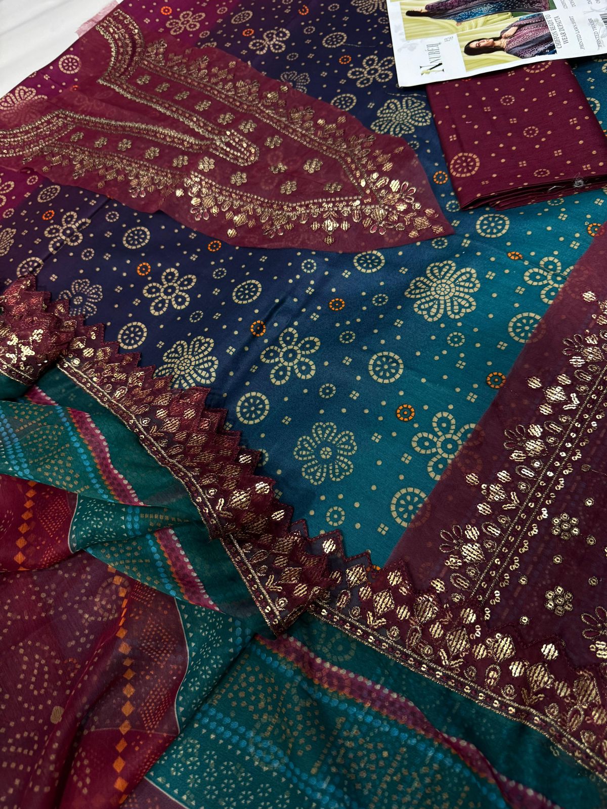Lawn 3pc with Organza Patches & Cutwork Dupatta