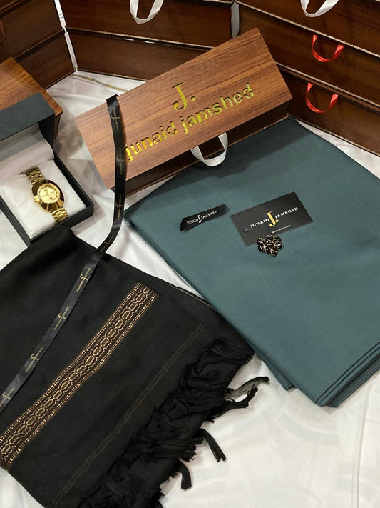 WINTER WASH N WEAR J. SUIT+ J.WHOOL SHWAL+PREMIUM WATCH AND SPECIAL WOODEN BOX (CHARKOL+BLACK)