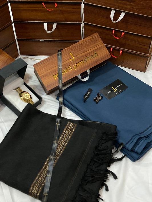 WINTER WASH N WEAR J. SUIT+ J.WHOOL SHWAL+PREMIUM WATCH AND SPECIAL WOODEN BOX (CHARKOL+BLACK)