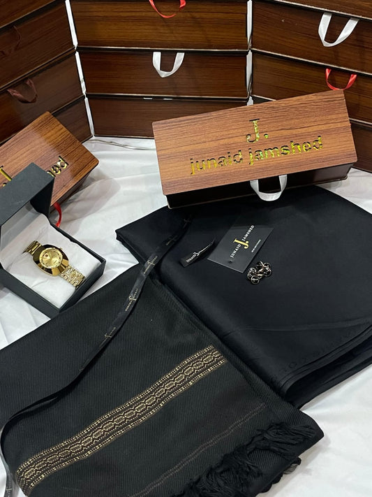 WINTER WASH N WEAR J. SUIT+ J.WHOOL SHWAL+PREMIUM WATCH AND SPECIAL WOODEN BOX (CHARKOL+BLACK)