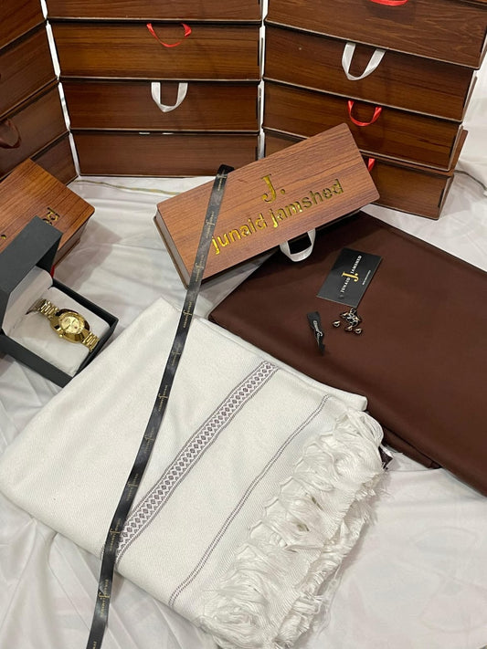 WINTER WASH N WEAR J. SUIT+ J.WHOOL SHWAL+PREMIUM WATCH AND SPECIAL WOODEN BOX (CHARKOL+BLACK)