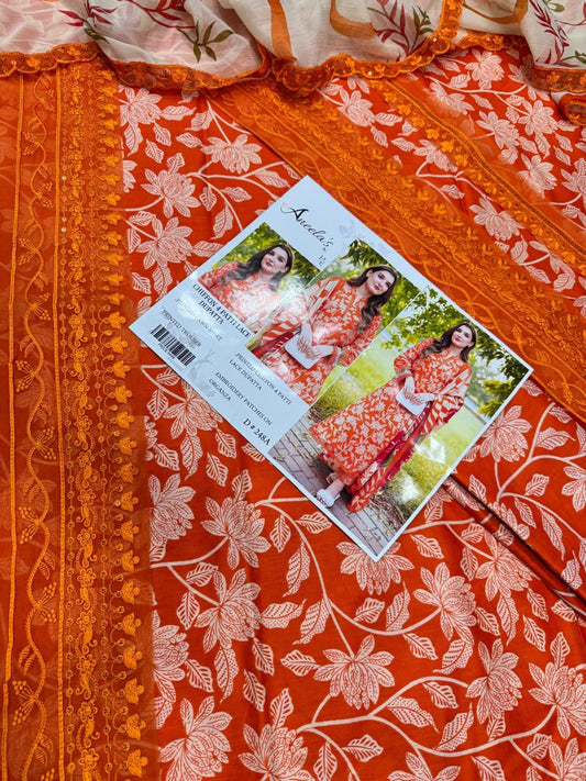 Lawn 3pc with Emb Organza Patches & Cutwork Dupatta