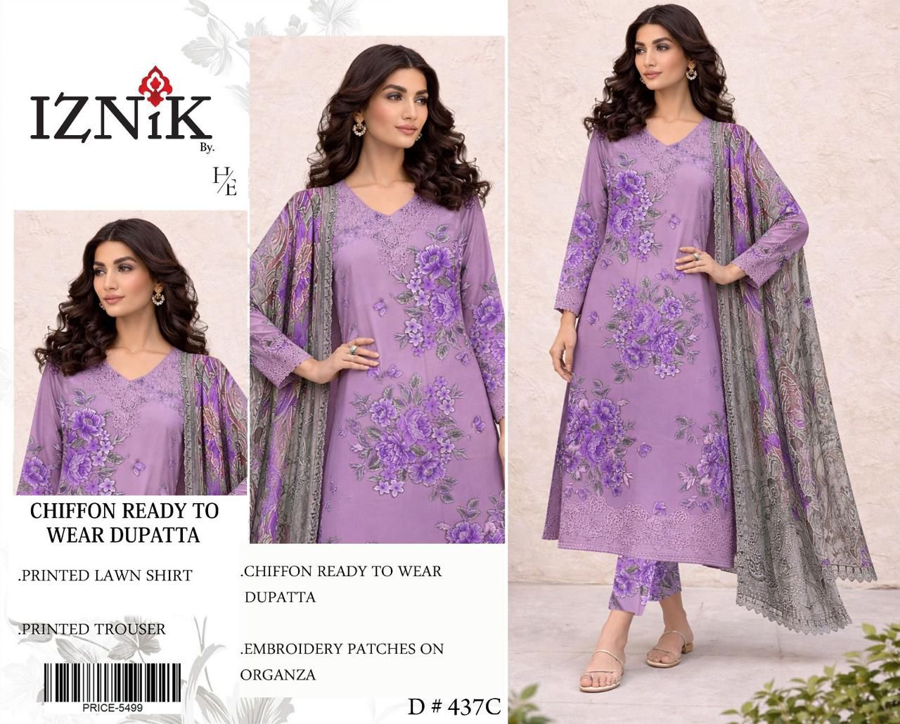 Lawn 3pc with Organza Patches & Cutwork Dupatta