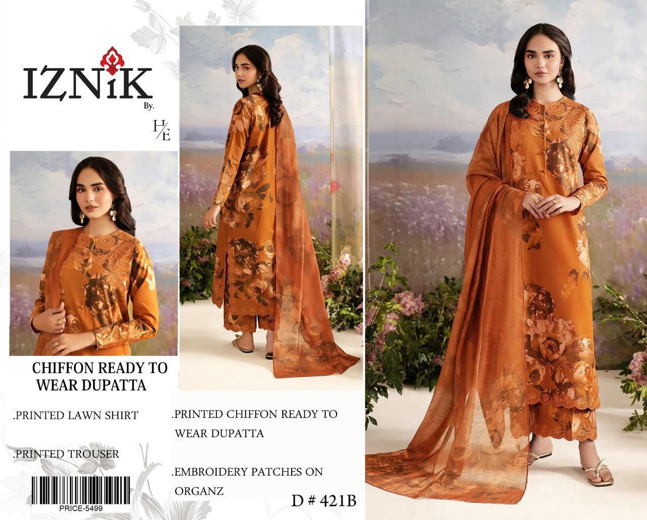 Lawn 3pc with Organza Patches & Cutwork Dupatta